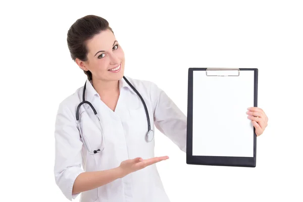 Feliz médico feminino mostrando prescrição isolada no branco — Fotografia de Stock