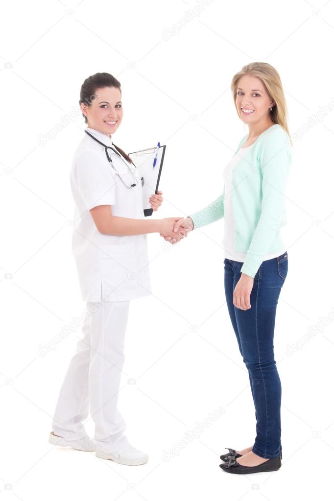 female patient and doctor shaking hands isolated over white