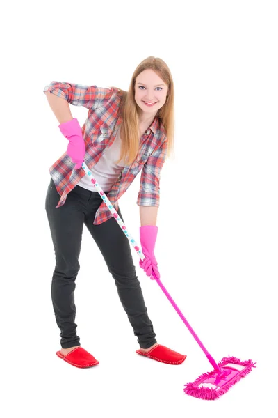 Jonge huisvrouw met mop geïsoleerd op wit — Stockfoto