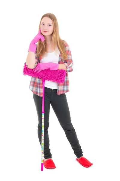 Jovem atraente dona de casa com mop isolado no fundo branco — Fotografia de Stock