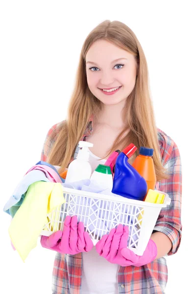Femme au foyer avec nettoyage fournitures isolé sur fond blanc — Photo