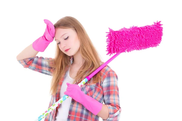 Portrait of tired housewife with mop over white — Stock Photo, Image