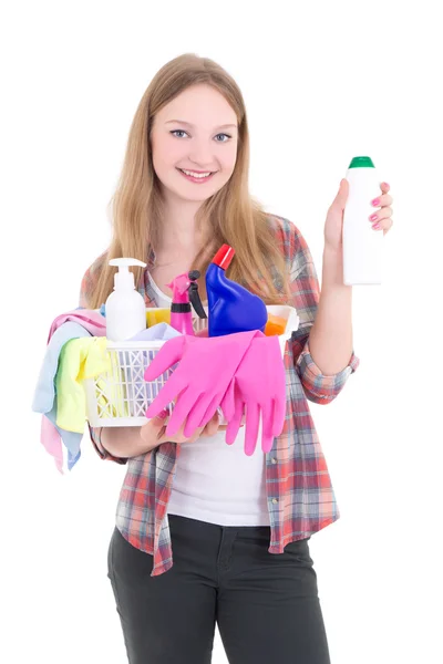 Jonge blond met reinigingsapparatuur geïsoleerd op witte achtergrond — Stockfoto