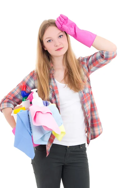 Tired blond with cleaning equipment isolated on white background — Stock Photo, Image