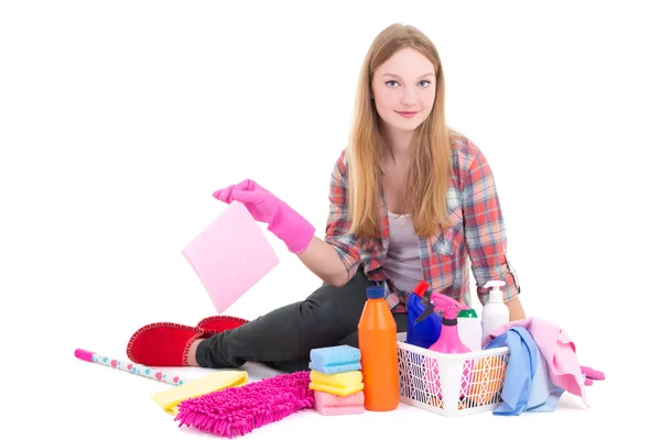 Beautiful blond sitting with cleaning equipment isolated on whit — Stock Photo, Image