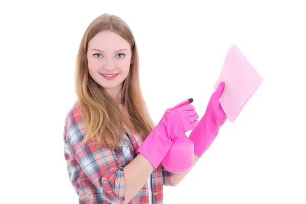 Jonge vrouw in roze handschoenen schoonmaken — Stockfoto