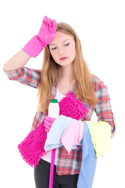 Tired girl with pink mop — Stock Photo, Image