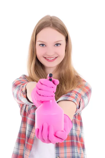 Junge Frau in Rosa Handschuhe mit spray — Stockfoto