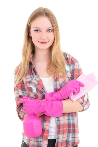 Jeune femme séduisante dans des gants de caoutchouc rose avec vaporisateur et chiffon — Photo