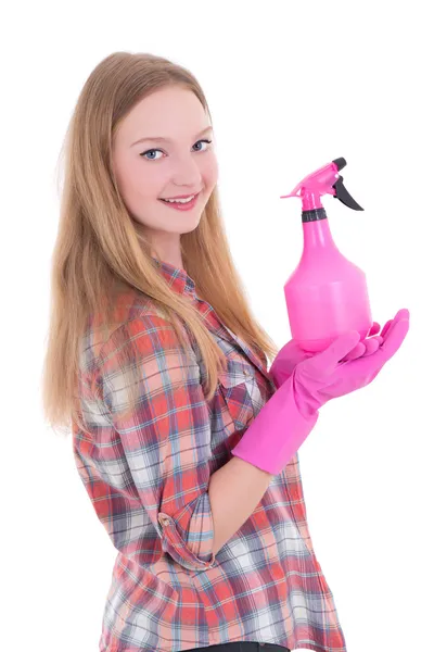 Jovem mulher atraente em luvas de borracha com spray isolado — Fotografia de Stock