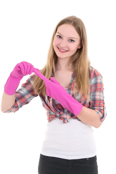 Aantrekkelijke vrouw in roze rubberen handschoenen op witte achtergrond — Stockfoto