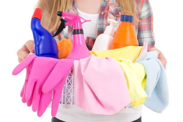 Cleaning equipment in female hands — Stock Photo, Image