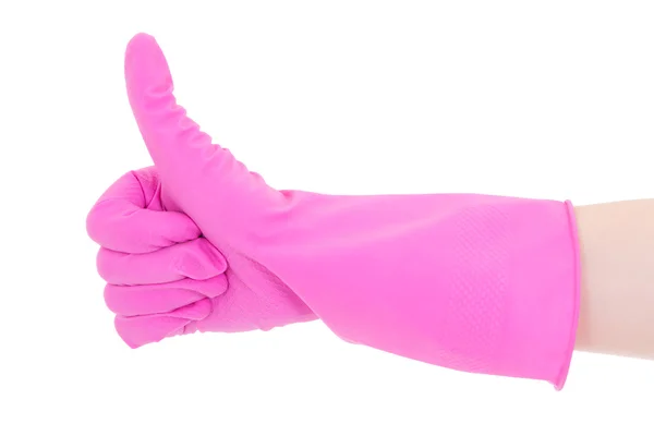 Mão feminina em dedos de luva de borracha isolado no branco — Fotografia de Stock