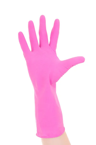 Женская рука в перчатке розовый резиновый, изолированные на белом фоне — стоковое фото