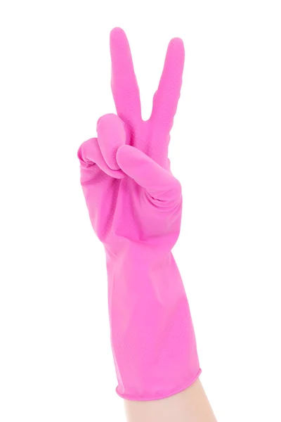 Nettoyant à main en caoutchouc rose gant gesticulant victoire isolée sur — Photo