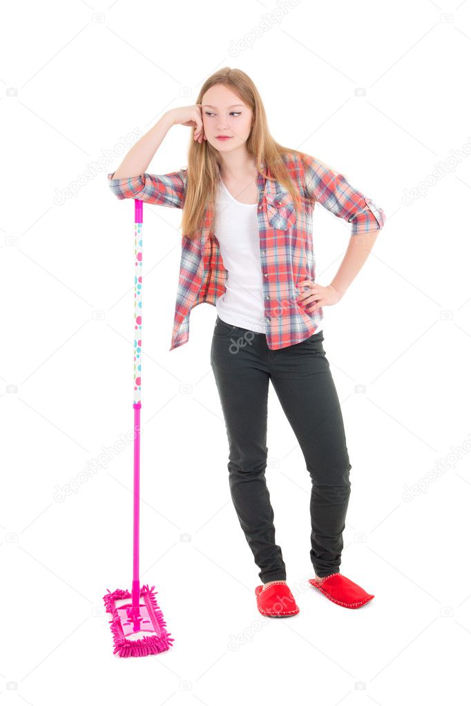 sad beautiful girl with pink mop isolated on white