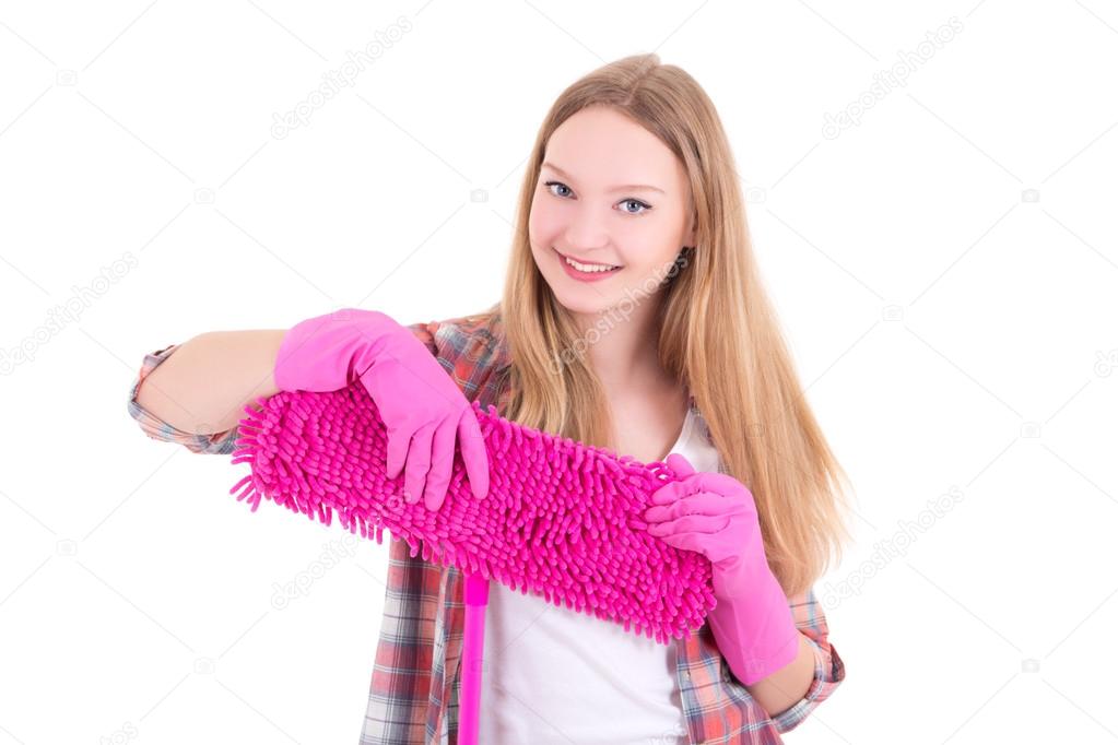 portrait of young attractive housewife with mop isolated on whit
