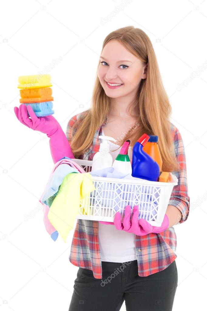 young housewife with cleaning supplies isolated on white backgro