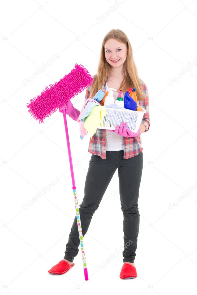 young housewife with mop and cleaning supplies isolated on white