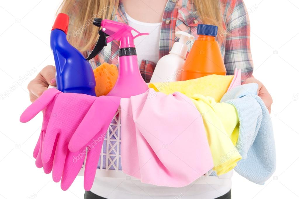 cleaning equipment in female hands
