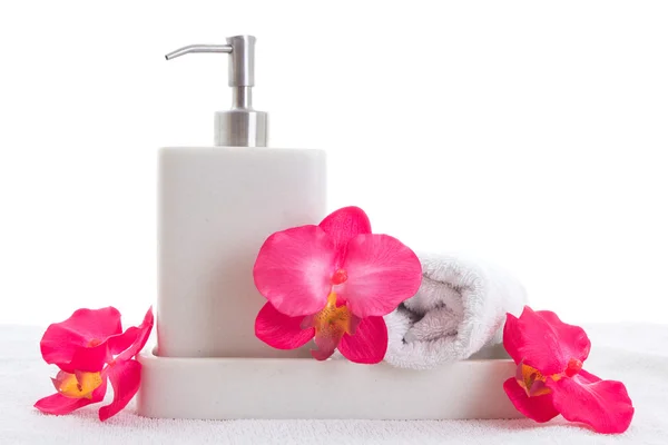 Hand soap, towel and pink orchid — Stock Photo, Image