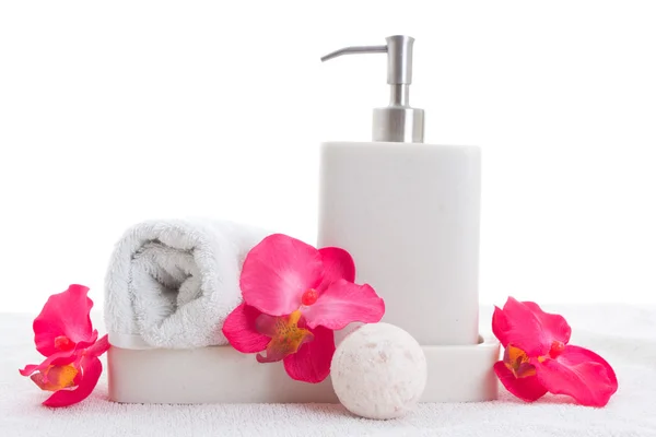 Hand soap, towel and pink orchid — Stock Photo, Image