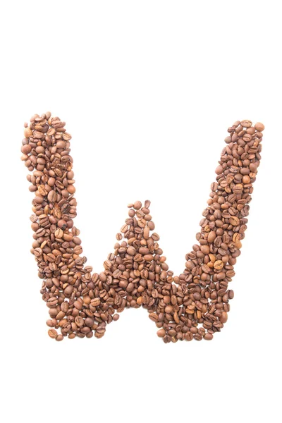 Bokstaven w, alfabet från kaffebönor på vit bakgrund — Stockfoto