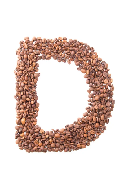Letra d, alfabeto de granos de café sobre fondo blanco — Foto de Stock