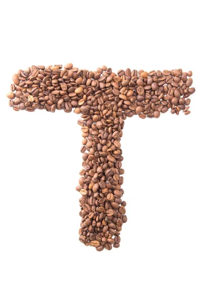 Buchstaben t, Alphabet aus Kaffeebohnen auf weißem Hintergrund — Stockfoto
