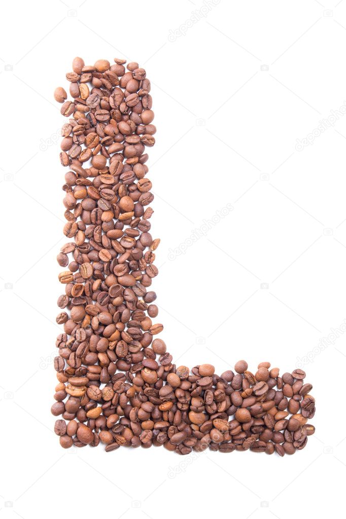 Letter L, alphabet from coffee beans on white background