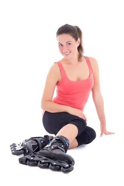 Woman sitting with rollers on legs — Stock Photo, Image