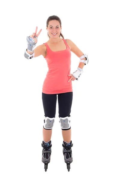 Attractive woman in roller skates posing isolated on white backg — Stock Photo, Image