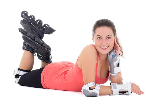 Attractive woman in roller skates lying isolated on white backgr — Stock Photo, Image