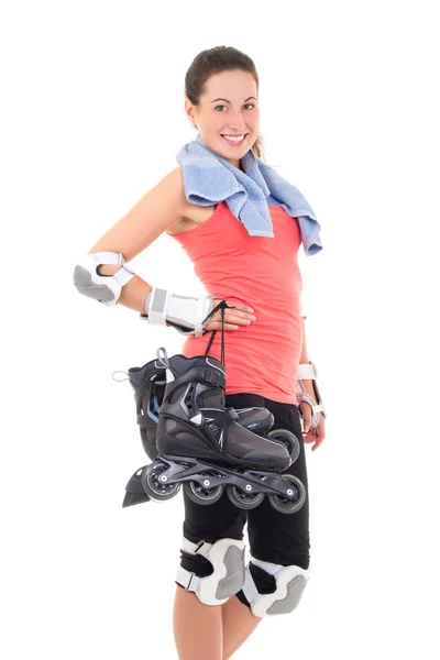 Portret van lachende vrouw met rolschaatsen geïsoleerd op witte b — Stockfoto