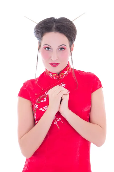Retrato de menina bonita no vestido vermelho japonês, isolado no branco — Fotografia de Stock