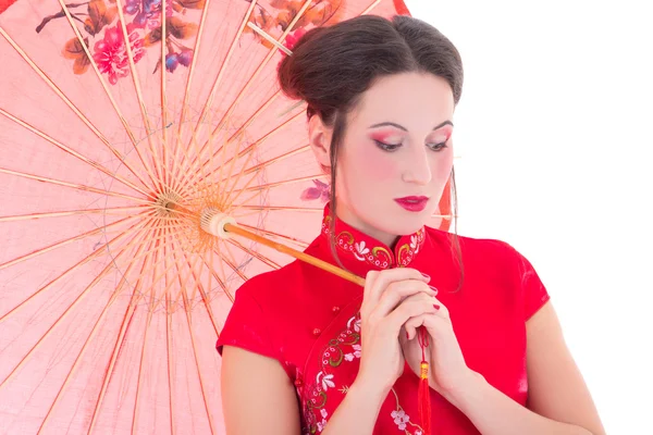 Close up portrait of young attractive woman in red japanese dres — Stock Photo, Image