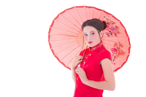 Portrait of pretty woman in red japanese dress with umbrella iso — Stock Photo, Image