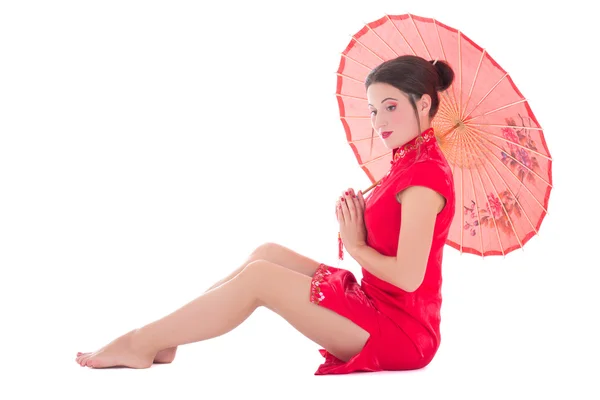 Woman in red japanese dress with umbrella isolated on white — Stok Foto