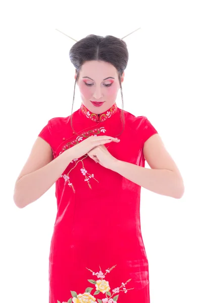 Retrato de joven hermosa morena en vestido rojo japonés isola —  Fotos de Stock