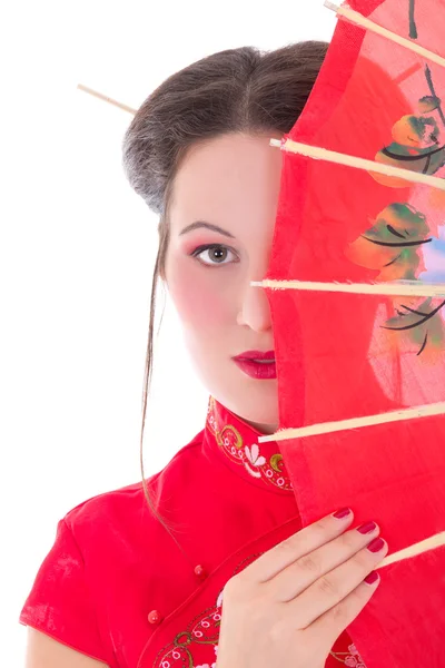 Close up portrait of young attractive woman in red japanese dres — Stock Photo, Image