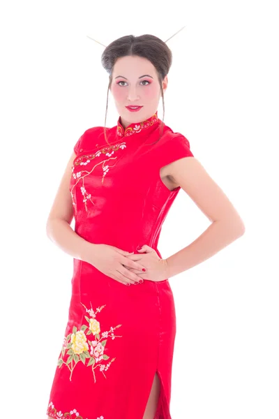 Jovem mulher atraente vestido vermelho japonês, isolado no branco — Fotografia de Stock