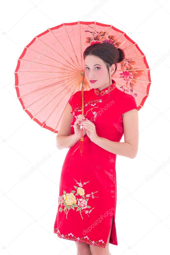 portrait of young attractive woman in red japanese dress with um