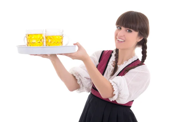 Garçonete feliz num vestido bávara com cerveja — Fotografia de Stock