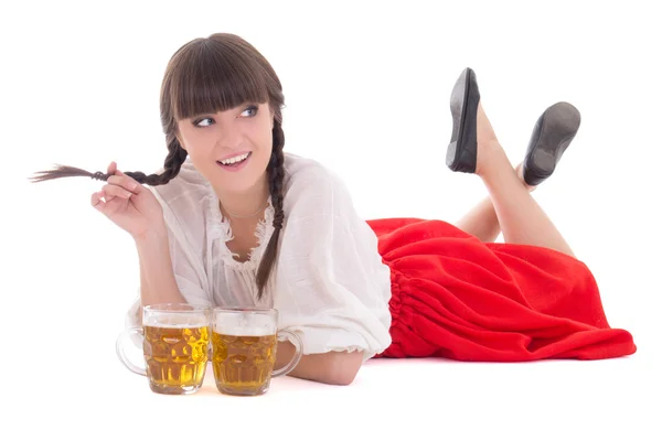 Chica coqueta oktoberfest con tazas de cerveza —  Fotos de Stock