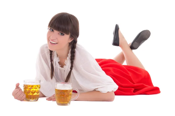 Garota feliz da oktoberfest com copos de cerveja — Fotografia de Stock