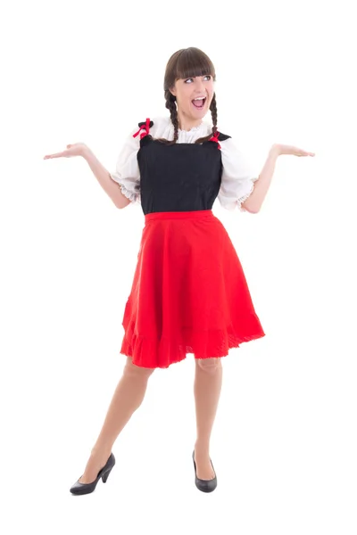 Funny german woman in typical bavarian dress dirndl — Stock Photo, Image