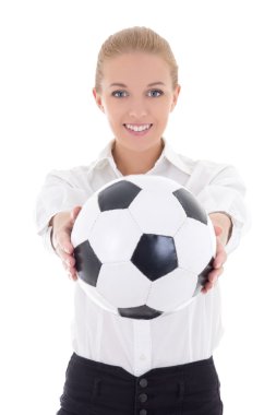 güzel bir iş kadını ile üzerine beyaz izole futbol topu