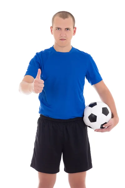 Jogador de futebol com uma bola de polegares para cima isolado no fundo branco — Fotografia de Stock