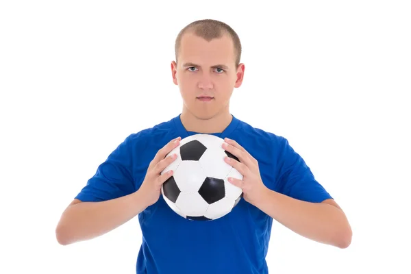 Giocatore di calcio in camicia blu con una palla isolata su bianco backgr — Foto Stock