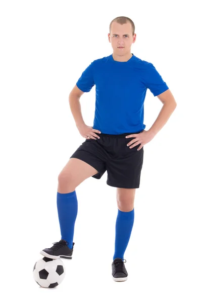 Jogador de futebol em azul posando com uma bola isolada no branco backg — Fotografia de Stock